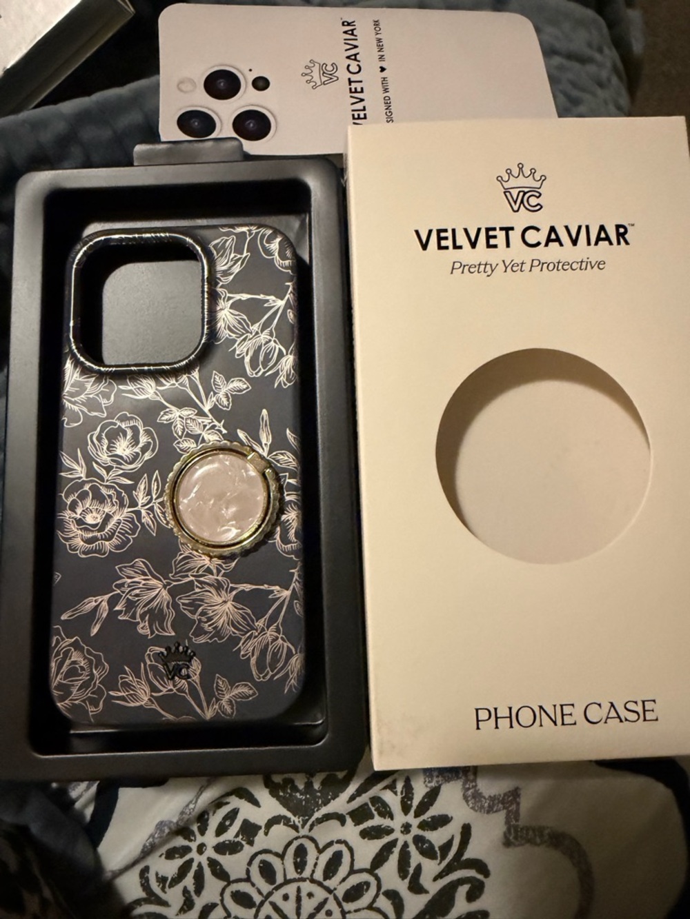 Velvet Caviar Navy rose gold Floral IPhone 15 Pro Case with Gold Ring Accent